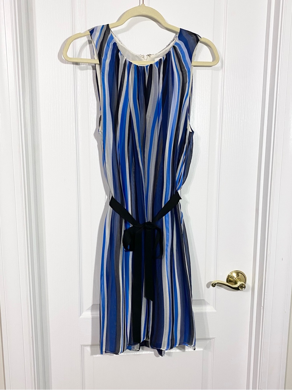 Adam Lippes SILK Vertical Stripe Sleeveless Belted Dress Blue Black Size 10